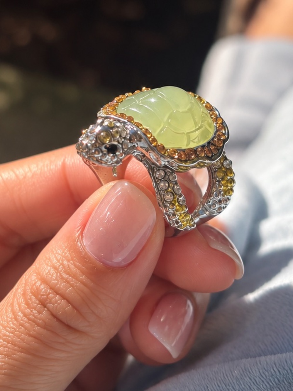 Turtle Cocktail Ring with Genuine Prehnite Gemstone and Yellow Accents | Silver